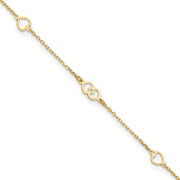 14K Polished Heart Links and Chain Anklet Plus Extender