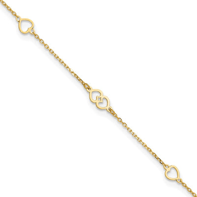 14K Polished Heart Links and Chain Anklet Plus Extender