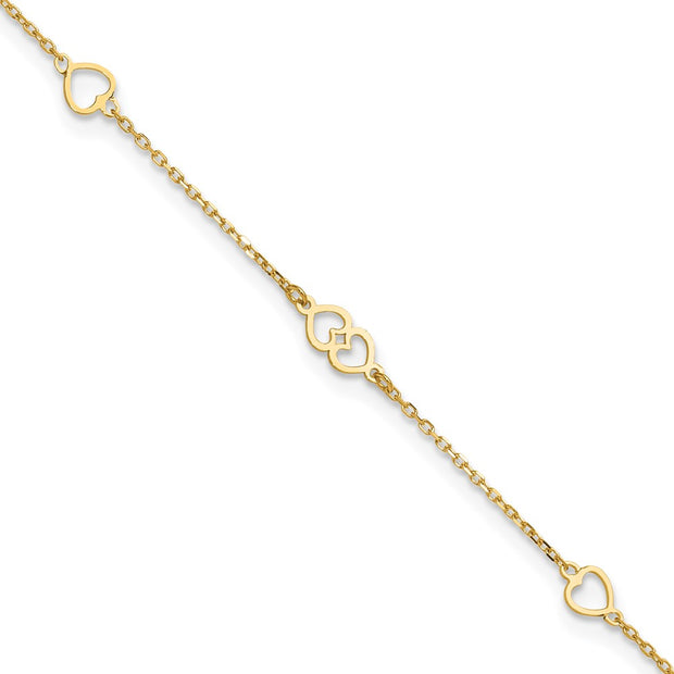 14K Polished Heart Links and Chain Anklet Plus Extender