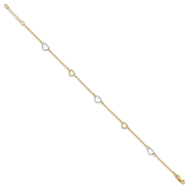 14K Two-tone Polished Open Hearts 5-Station Anklet Plus Extender