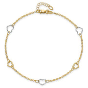 14K Two-tone Polished Open Hearts 5-Station Anklet Plus Extender