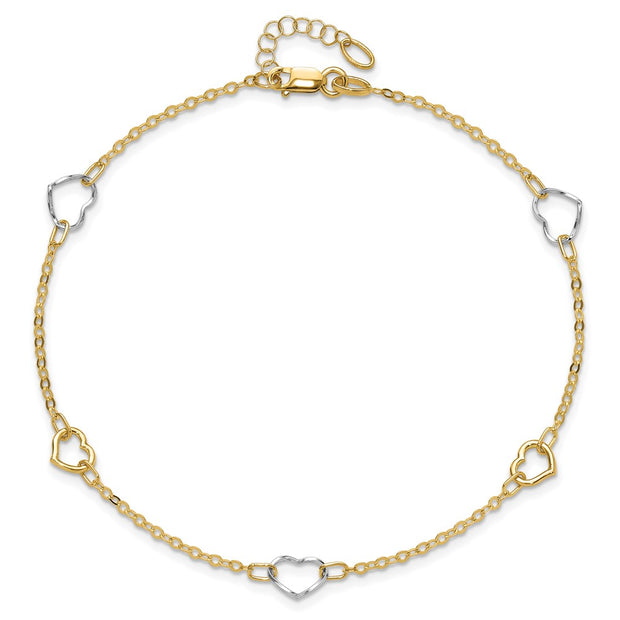 14K Two-tone Polished Open Hearts 5-Station Anklet Plus Extender