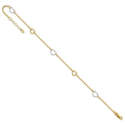 14K Two-tone Polished Open Hearts 5-Station Anklet Plus Extender