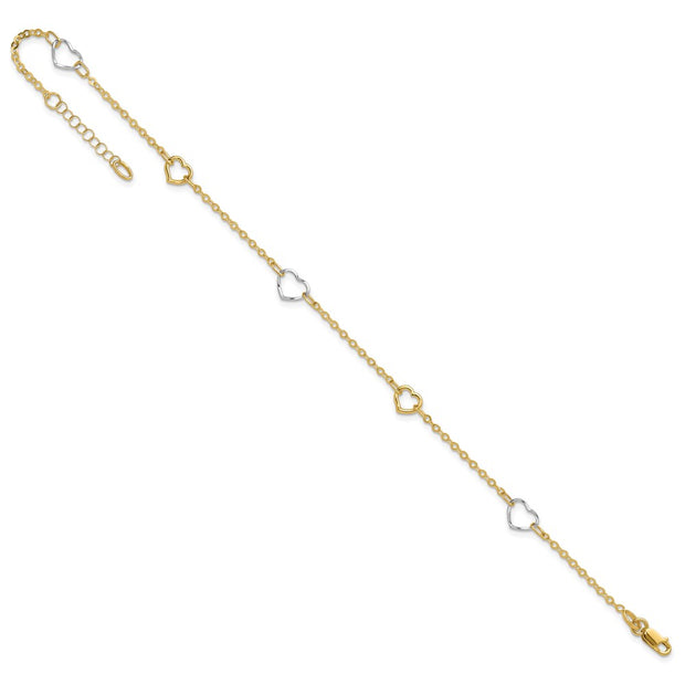 14K Two-tone Polished Open Hearts 5-Station Anklet Plus Extender