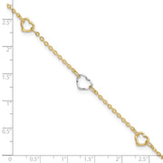 14K Two-tone Polished Open Hearts 5-Station Anklet Plus Extender