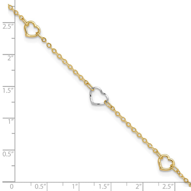 14K Two-tone Polished Open Hearts 5-Station Anklet Plus Extender