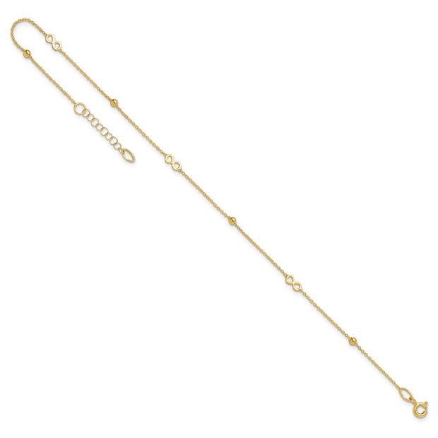 14K Polished Infinity and Beads Anklet Plus Extender