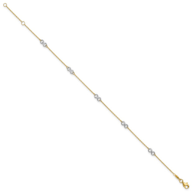 14K Two-tone Polished Infinity 5-Station Anklet Plus Extender, total of anklet