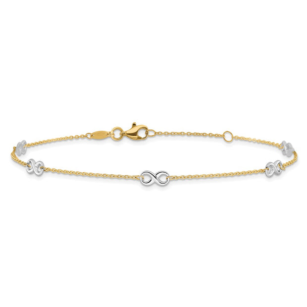 14K Two-tone Polished Infinity 5-Station Anklet Plus Extender, total of anklet