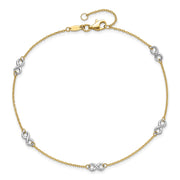 14K Two-tone Polished Infinity 5-Station Anklet Plus Extender, total of anklet