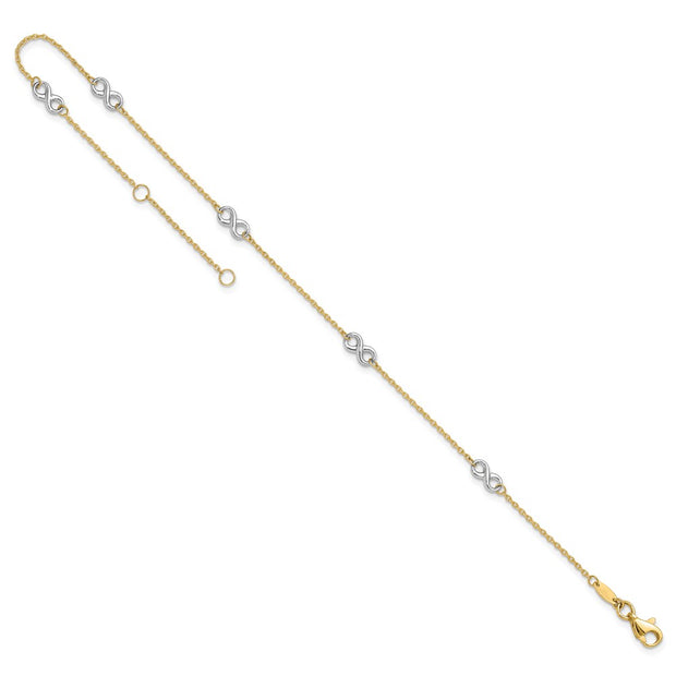 14K Two-tone Polished Infinity 5-Station Anklet Plus Extender, total of anklet
