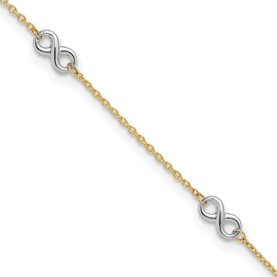 14K Two-tone Polished Infinity 5-Station Anklet Plus Extender, total of anklet