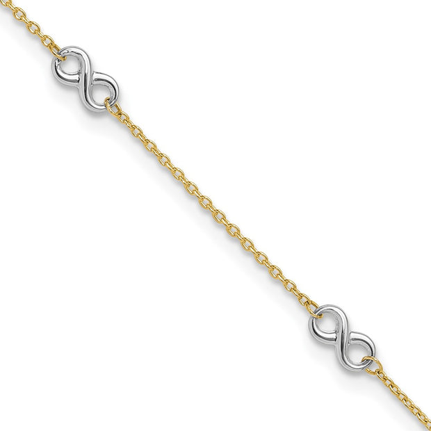 14K Two-tone Polished Infinity 5-Station Anklet Plus Extender, total of anklet