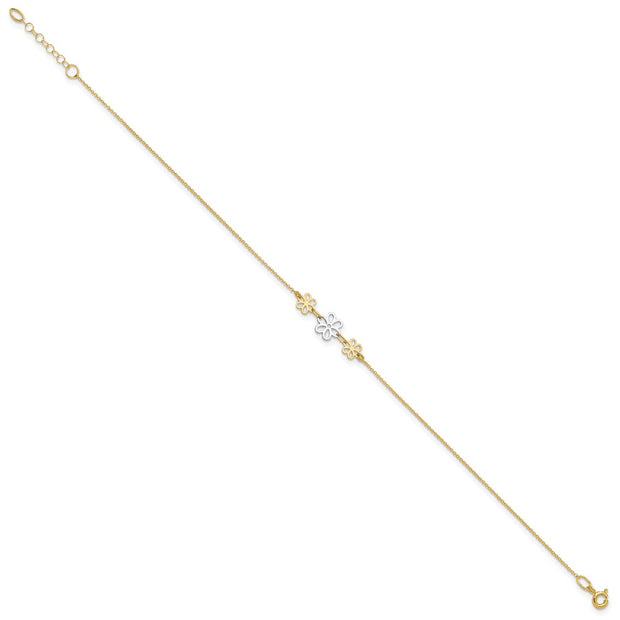 14K Two-tone Polished Three Cut-out Flowers Anklet Plus Extender
