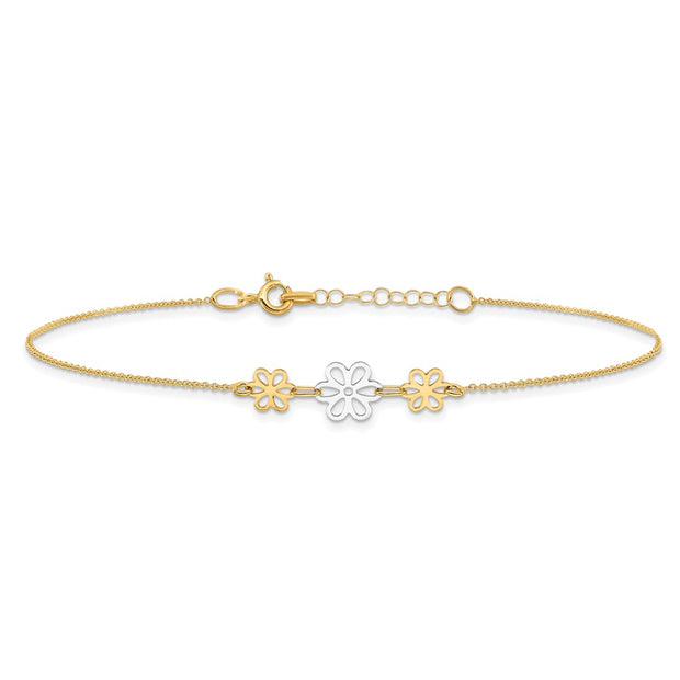 14K Two-tone Polished Three Cut-out Flowers Anklet Plus Extender