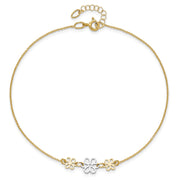 14K Two-tone Polished Three Cut-out Flowers Anklet Plus Extender