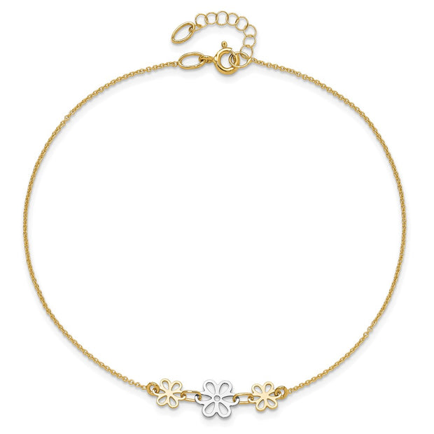 14K Two-tone Polished Three Cut-out Flowers Anklet Plus Extender