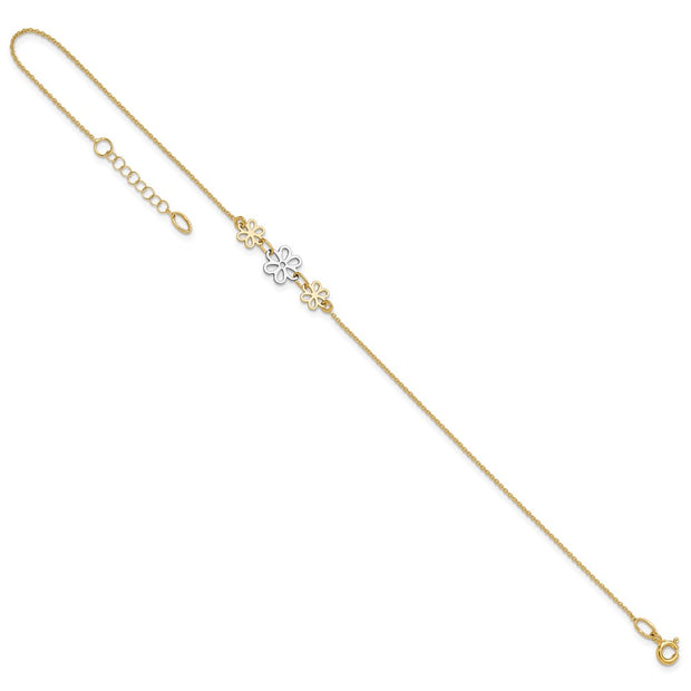 14K Two-tone Polished Three Cut-out Flowers Anklet Plus Extender