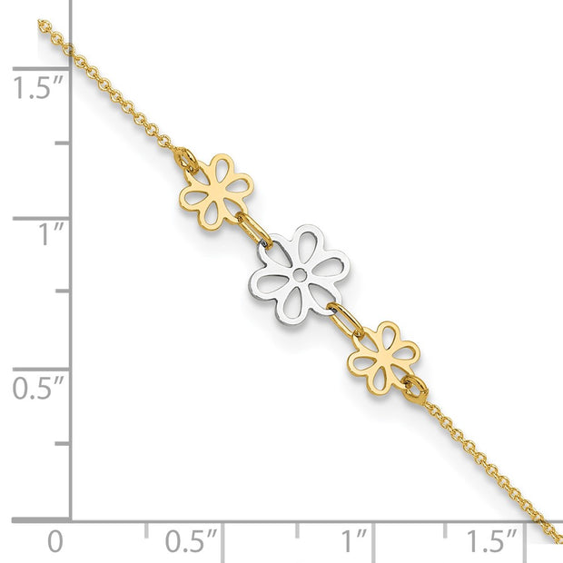 14K Two-tone Polished Three Cut-out Flowers Anklet Plus Extender