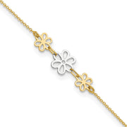 14K Two-tone Polished Three Cut-out Flowers Anklet Plus Extender