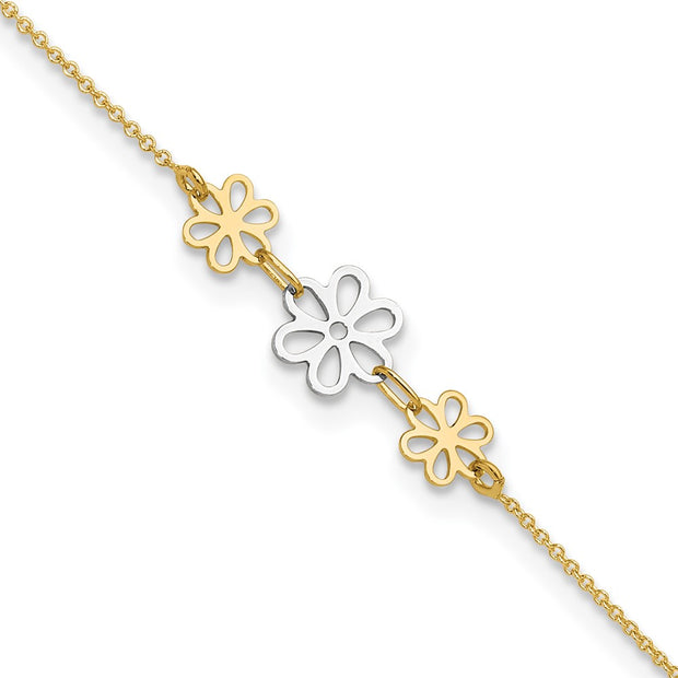 14K Two-tone Polished Three Cut-out Flowers Anklet Plus Extender