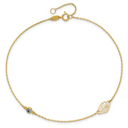 14k Leaf and Glass Eye Bead Anklet Plus Extender