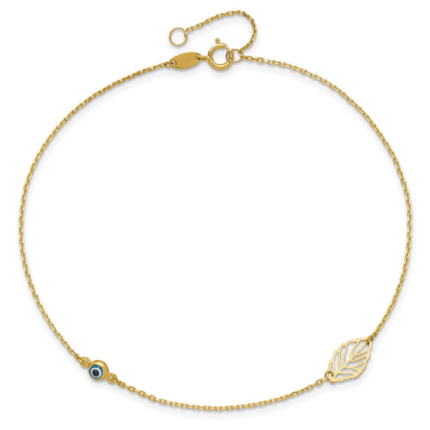 14k Leaf and Glass Eye Bead Anklet Plus Extender