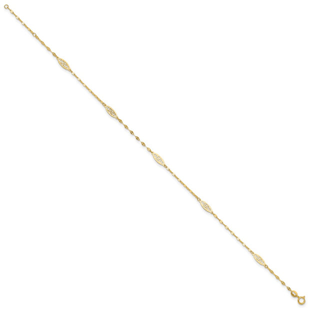14K Polished Fancy Filigree Link 5-Station Anklet Plus Extender