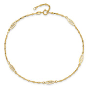 14K Polished Fancy Filigree Link 5-Station Anklet Plus Extender
