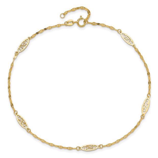 14K Polished Fancy Filigree Link 5-Station Anklet Plus Extender