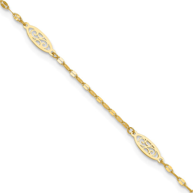 14K Polished Fancy Filigree Link 5-Station Anklet Plus Extender