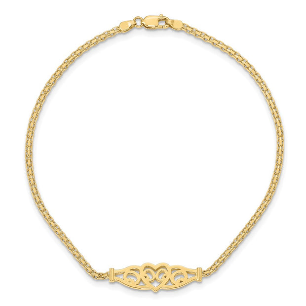 14k Polished Filigree Heart and Bismark Chain Anklet