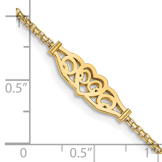14k Polished Filigree Heart and Bismark Chain Anklet
