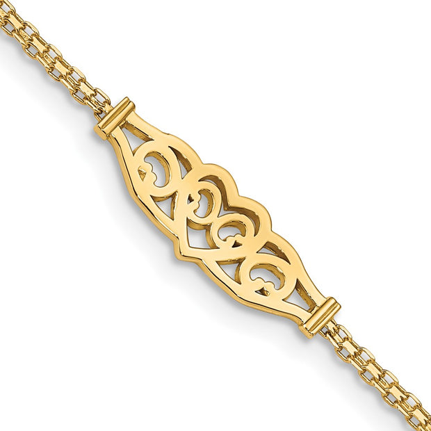 14k Polished Filigree Heart and Bismark Chain Anklet