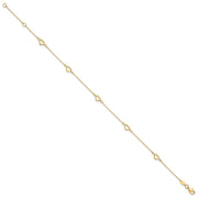 14K Polished 5-Station Open Heart and Chain Anklet Plus Extender