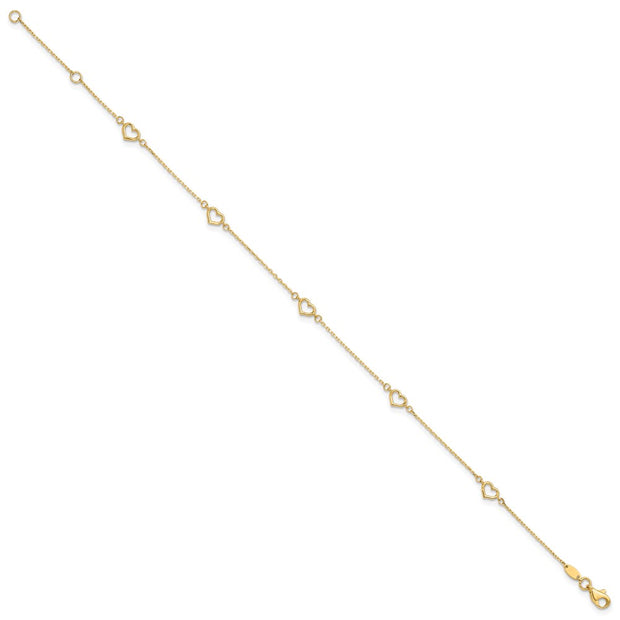 14K Polished 5-Station Open Heart and Chain Anklet Plus Extender
