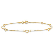 14K Polished 5-Station Open Heart and Chain Anklet Plus Extender