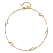 14K Polished 5-Station Open Heart and Chain Anklet Plus Extender