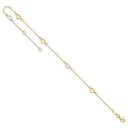 14K Polished 5-Station Open Heart and Chain Anklet Plus Extender