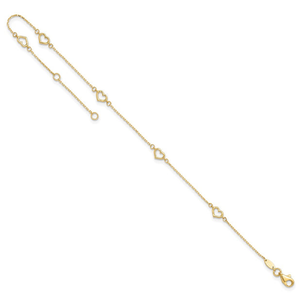 14K Polished 5-Station Open Heart and Chain Anklet Plus Extender