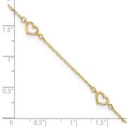 14K Polished 5-Station Open Heart and Chain Anklet Plus Extender