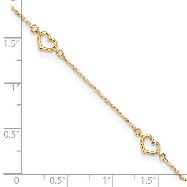 14K Polished 5-Station Open Heart and Chain Anklet Plus Extender
