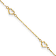 14K Polished 5-Station Open Heart and Chain Anklet Plus Extender
