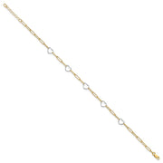 14K Two-tone 5 Hearts and Paperclip Links Anklet Plus Extender