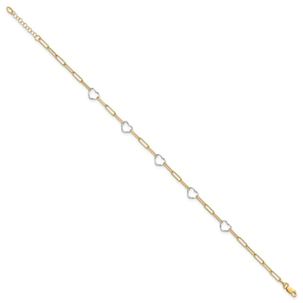 14K Two-tone 5 Hearts and Paperclip Links Anklet Plus Extender