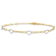 14K Two-tone 5 Hearts and Paperclip Links Anklet Plus Extender