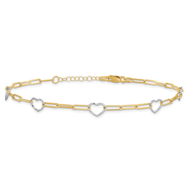 14K Two-tone 5 Hearts and Paperclip Links Anklet Plus Extender