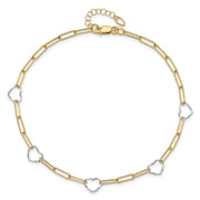 14K Two-tone 5 Hearts and Paperclip Links Anklet Plus Extender
