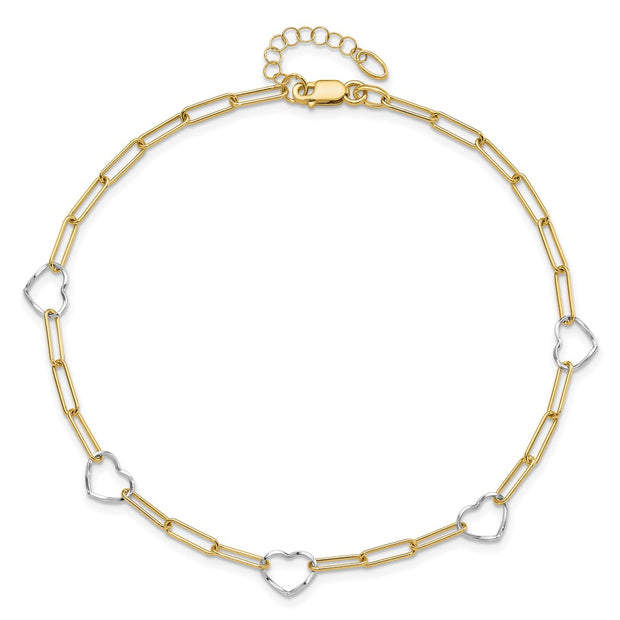 14K Two-tone 5 Hearts and Paperclip Links Anklet Plus Extender