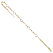 14K Two-tone 5 Hearts and Paperclip Links Anklet Plus Extender